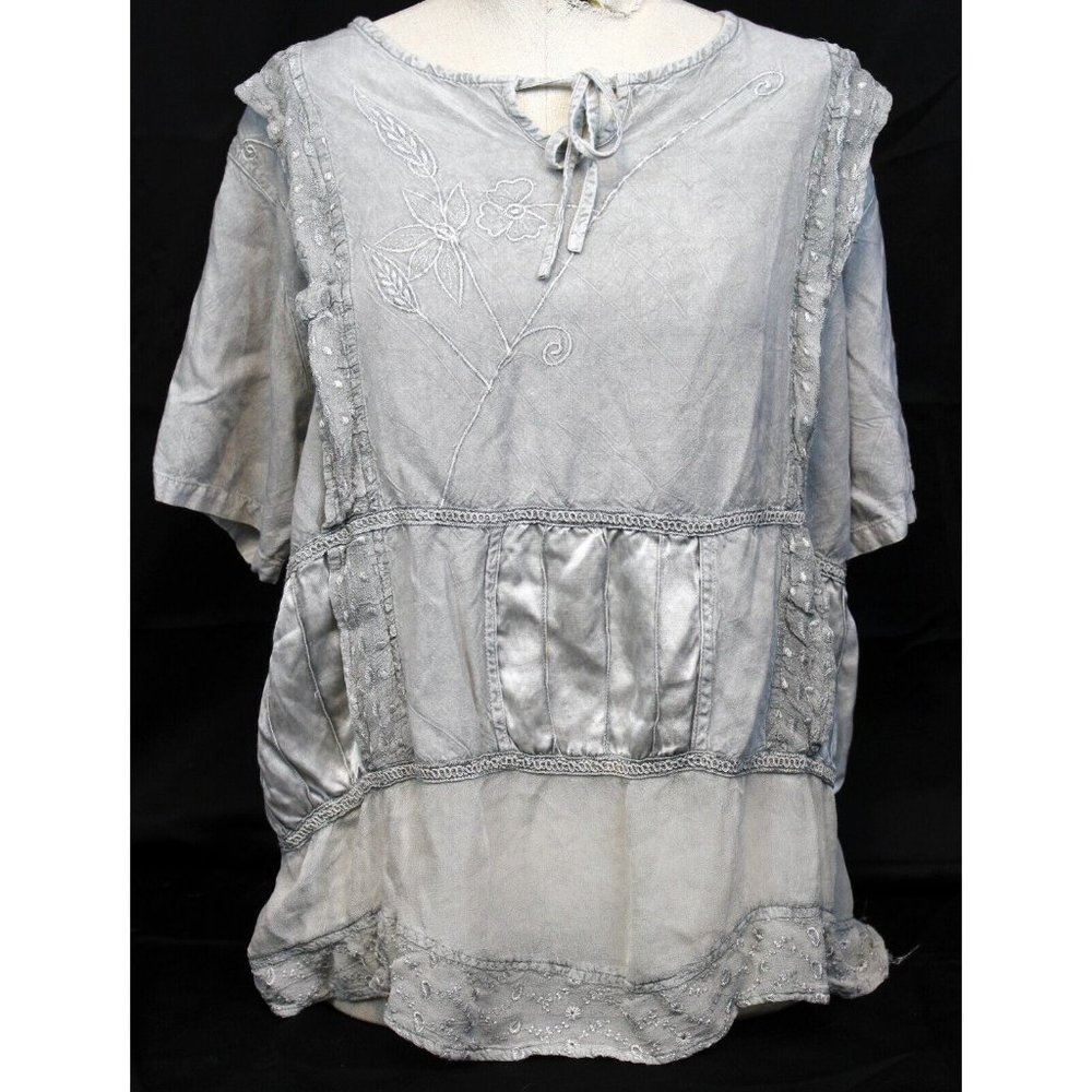 Kaaku Women's Grey-blue Floral Shirt Blouse sz 2X String Lace Satin Strap
